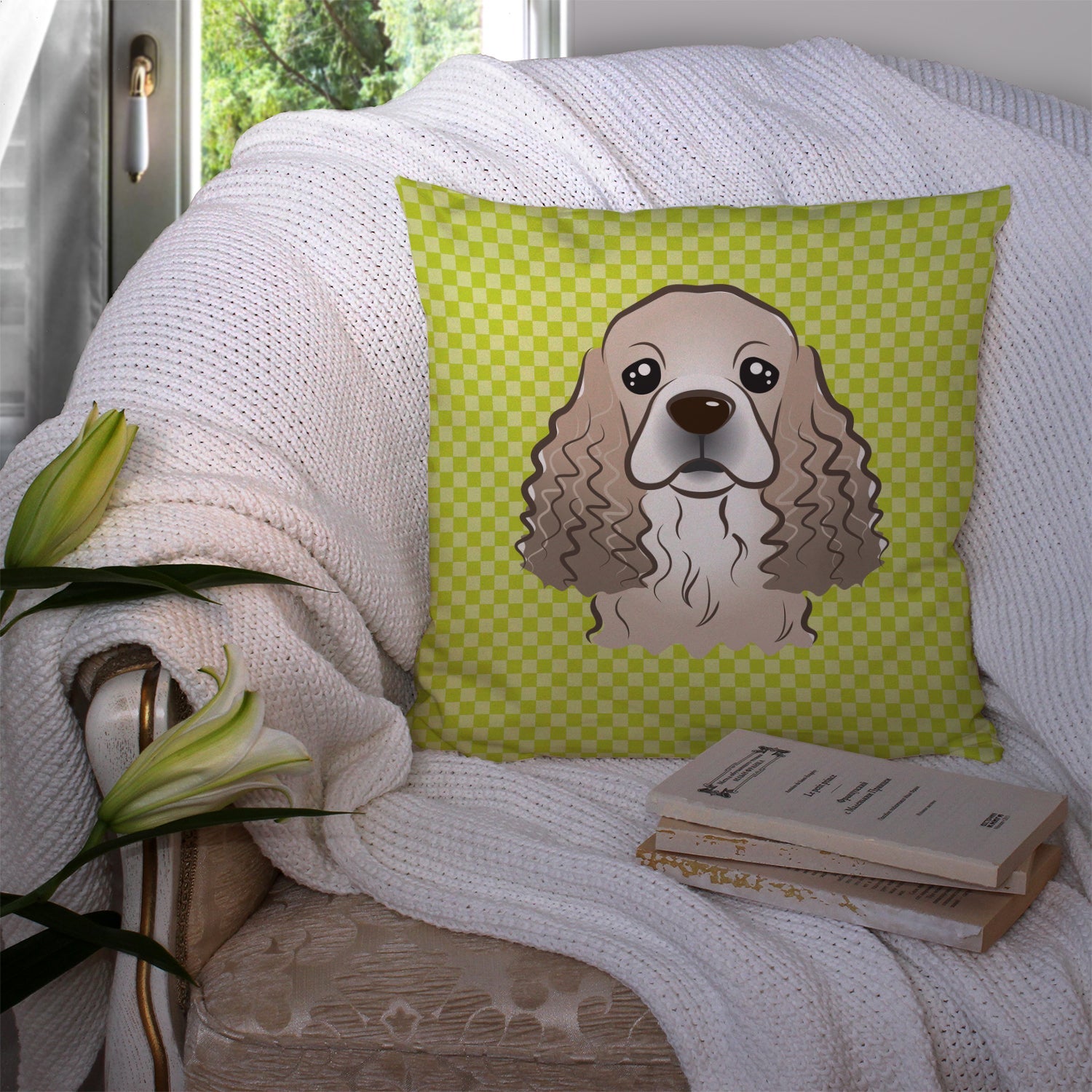 Checkerboard Lime Green Cocker Spaniel Decorative Throw Pillow 14x14 Indoor Outdoor Accent Cushion, Fabric Cover with Insert for Sofa, Bed, Porch & Living Room