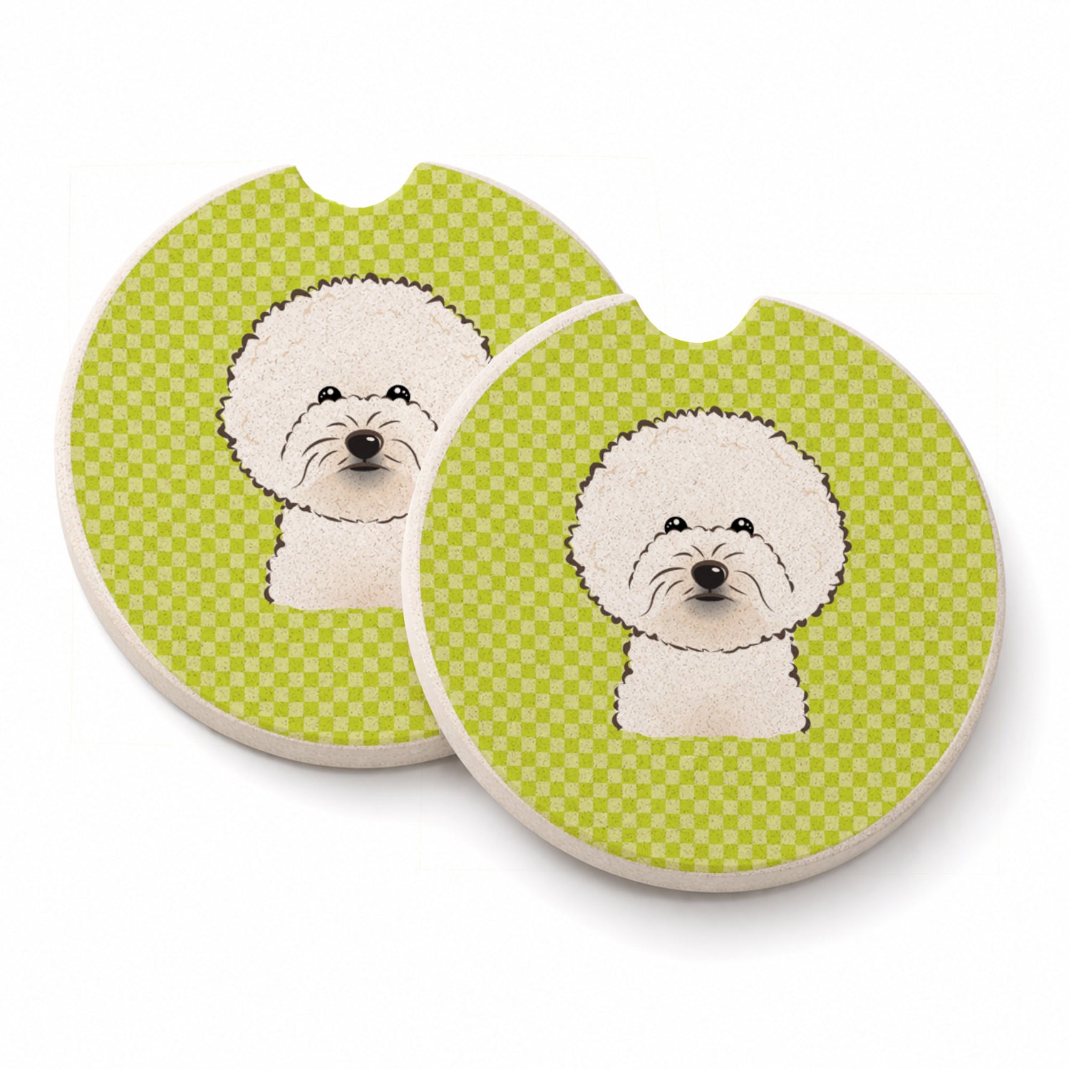 Checkerboard Lime Green Bichon Frise Set of 2 Cup Holder Car Coasters Absorbent Round Sandstone Coasters Gifts for Men or Women, 2.5, Multicolor