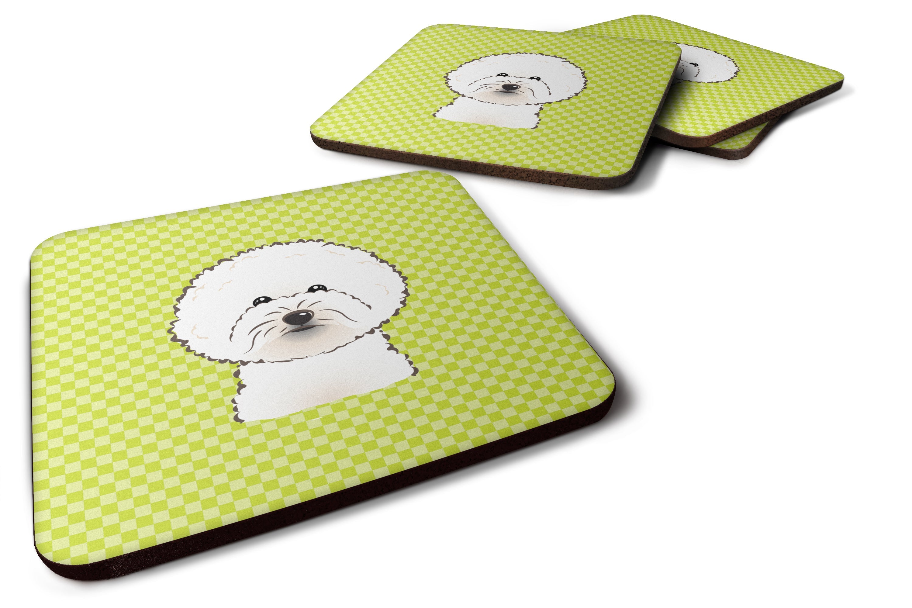 Checkerboard Lime Green Bichon Frise Foam Coasters Set of 4 Cup Coasters for Indoor Outdoor, Tabletop Protection, Anti Slip, Mouse pad Material
