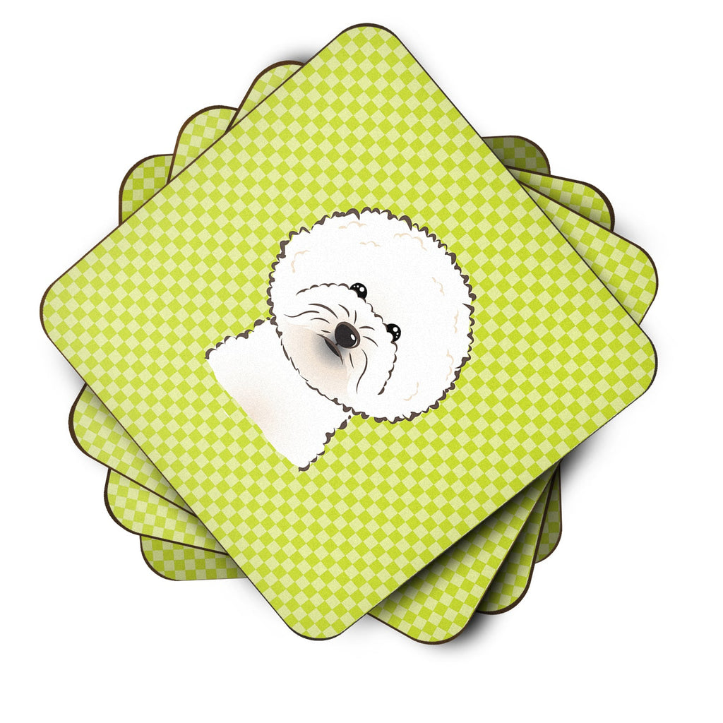 Checkerboard Lime Green Bichon Frise Foam Coasters Set of 4 Cup Coasters for Indoor Outdoor, Tabletop Protection, Anti Slip, Mouse pad Material