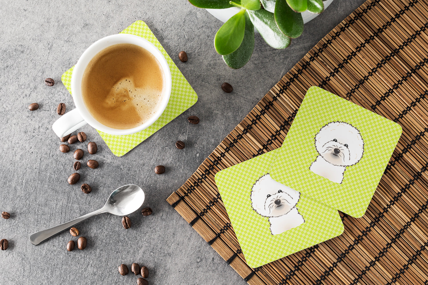 Checkerboard Lime Green Bichon Frise Foam Coasters Set of 4 Cup Coasters for Indoor Outdoor, Tabletop Protection, Anti Slip, Mouse pad Material