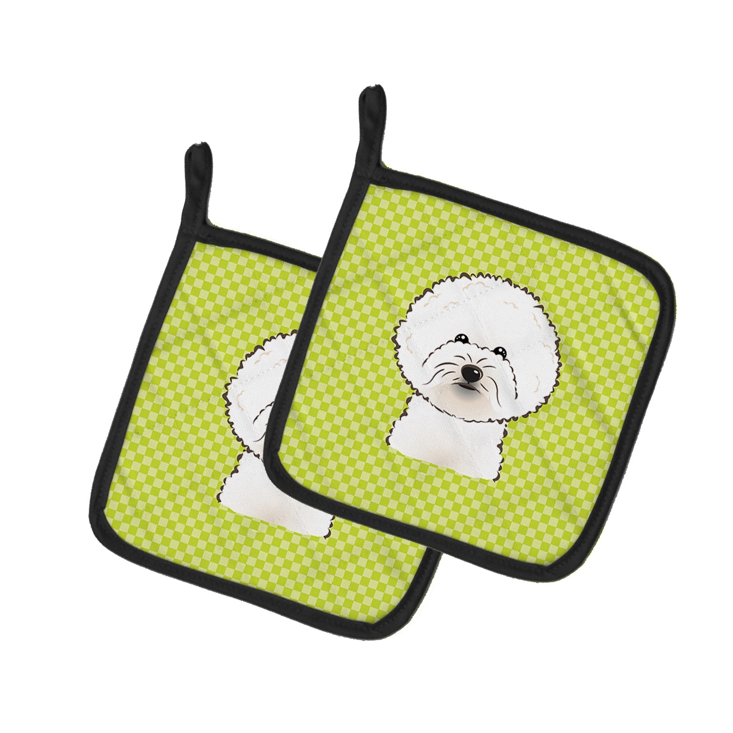 Checkerboard Lime Green Bichon Frise Pot Holder Set of 2 Heat Resistant Quilted Hot Pads 7.5 x 7.5 Inch, Insulated Kitchen Trivets for Cooking & Baking
