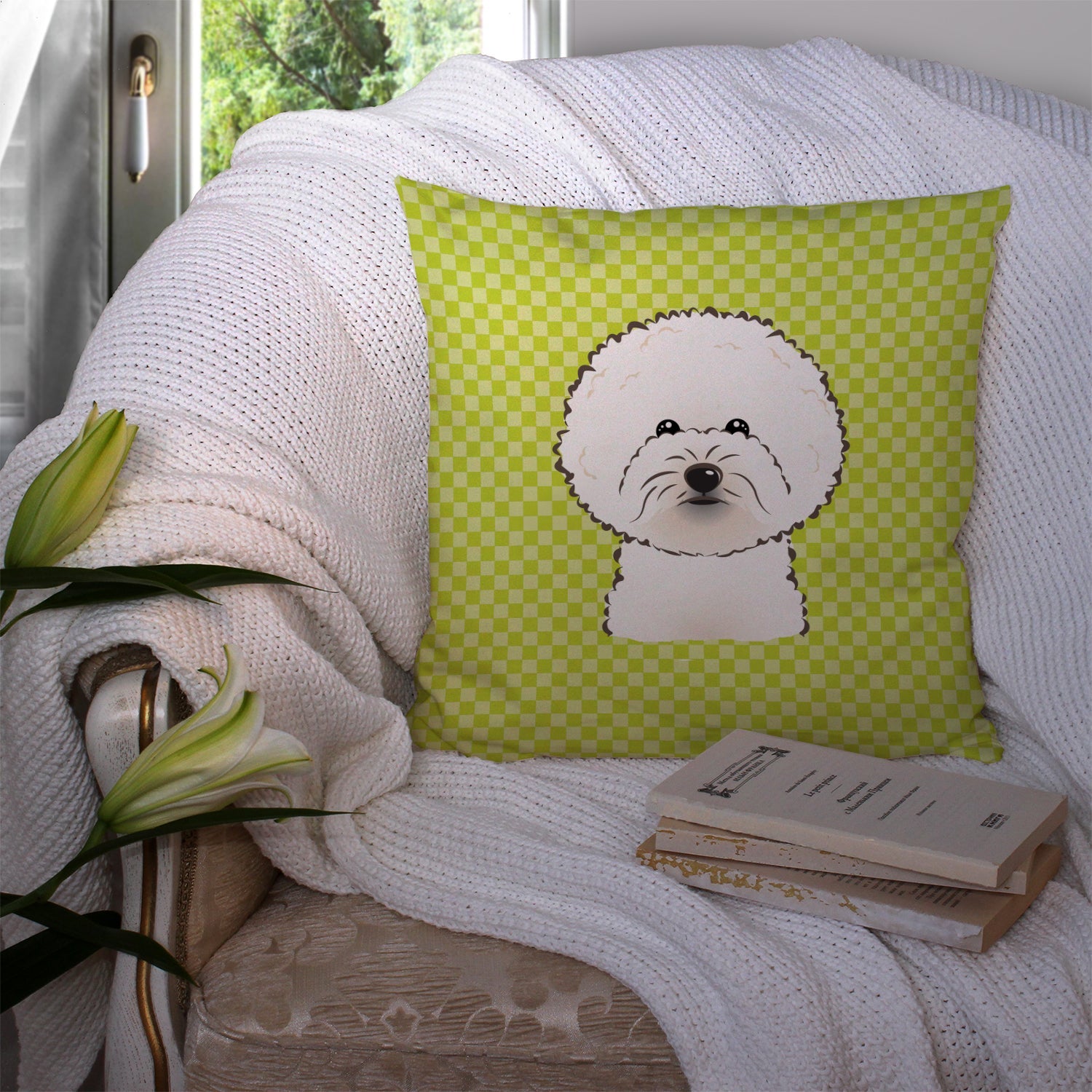 Checkerboard Lime Green Bichon Frise Decorative Throw Pillow 14x14 Indoor Outdoor Accent Cushion, Fabric Cover with Insert for Sofa, Bed, Porch & Living Room