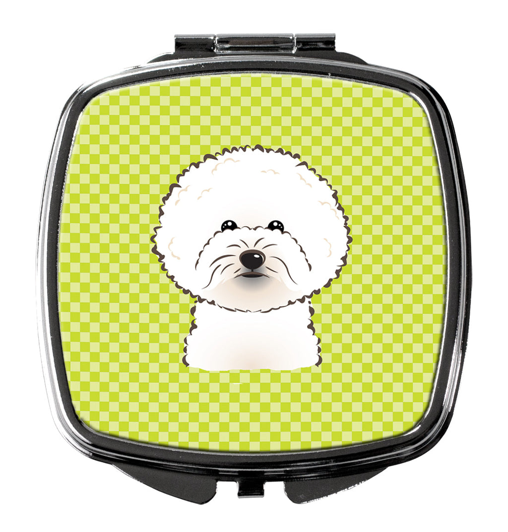 Checkerboard Lime Green Bichon Frise Compact Mirror Decorative Travel Makeup Mirror for Women Girls Gifts Pocket Makeup Mirror Folding Handheld