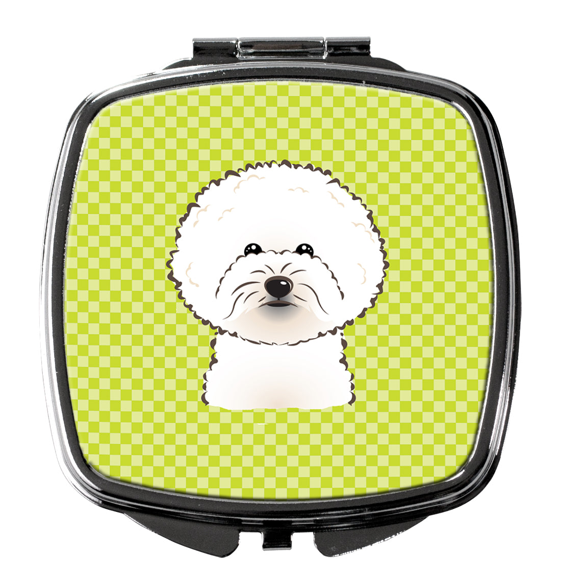 Checkerboard Lime Green Bichon Frise Compact Mirror Decorative Travel Makeup Mirror for Women Girls Gifts Pocket Makeup Mirror Folding Handheld