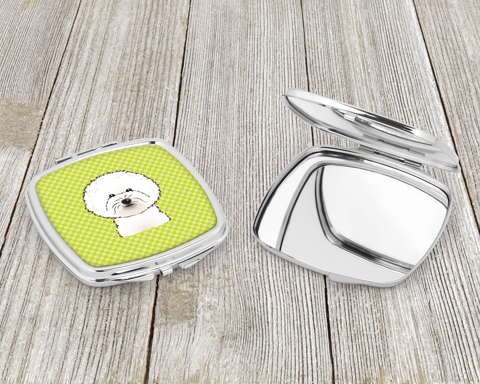 Checkerboard Lime Green Bichon Frise Compact Mirror Decorative Travel Makeup Mirror for Women Girls Gifts Pocket Makeup Mirror Folding Handheld
