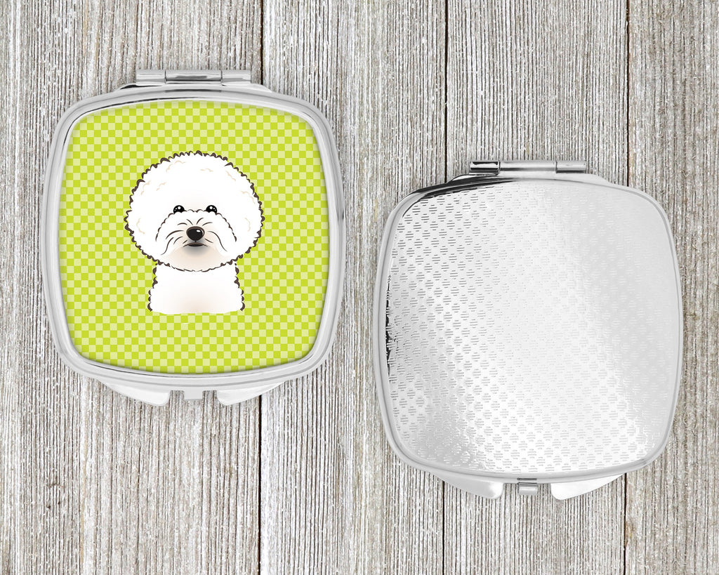 Checkerboard Lime Green Bichon Frise Compact Mirror Decorative Travel Makeup Mirror for Women Girls Gifts Pocket Makeup Mirror Folding Handheld