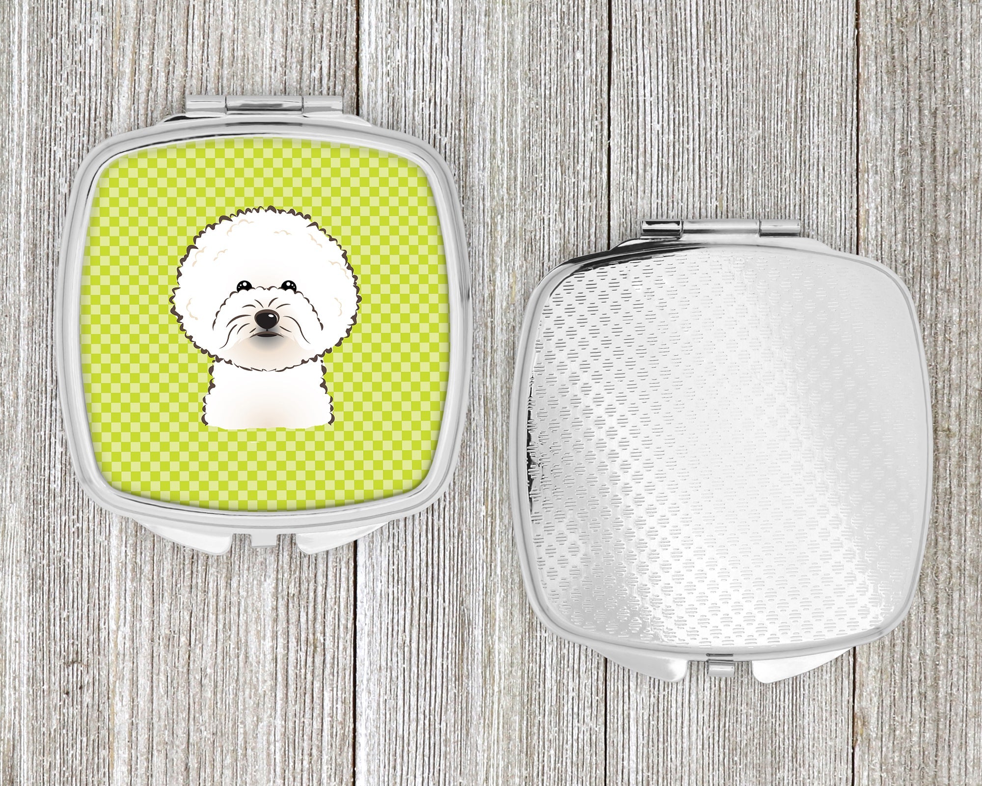 Checkerboard Lime Green Bichon Frise Compact Mirror Decorative Travel Makeup Mirror for Women Girls Gifts Pocket Makeup Mirror Folding Handheld