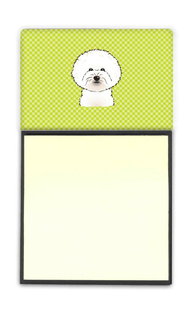 Checkerboard Lime Green Bichon Frise Watercolor Sticky Note Holder Refillable Dispenser Desk Accessory 3x3 Pad Gift