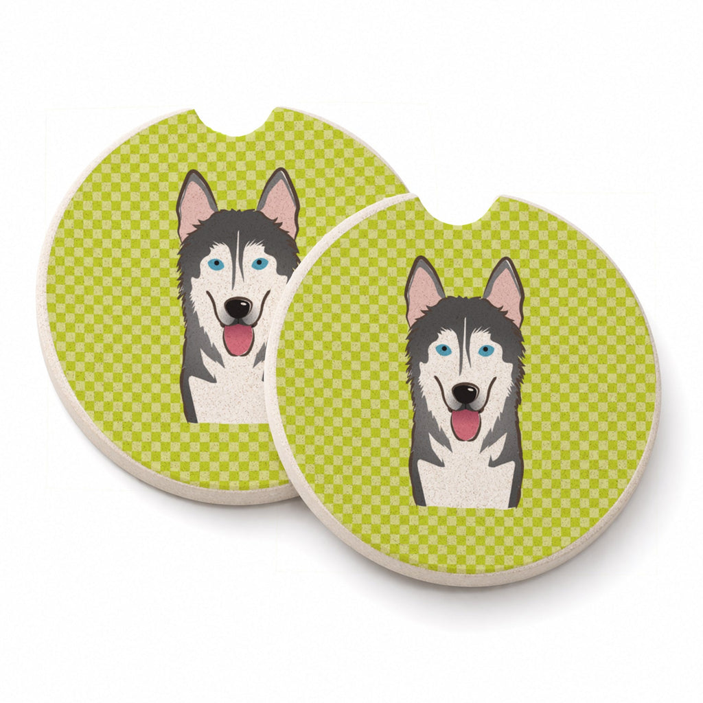 Checkerboard Lime Green Alaskan Malamute Set of 2 Cup Holder Car Coasters Absorbent Round Sandstone Coasters Gifts for Men or Women, 2.5, Multicolor