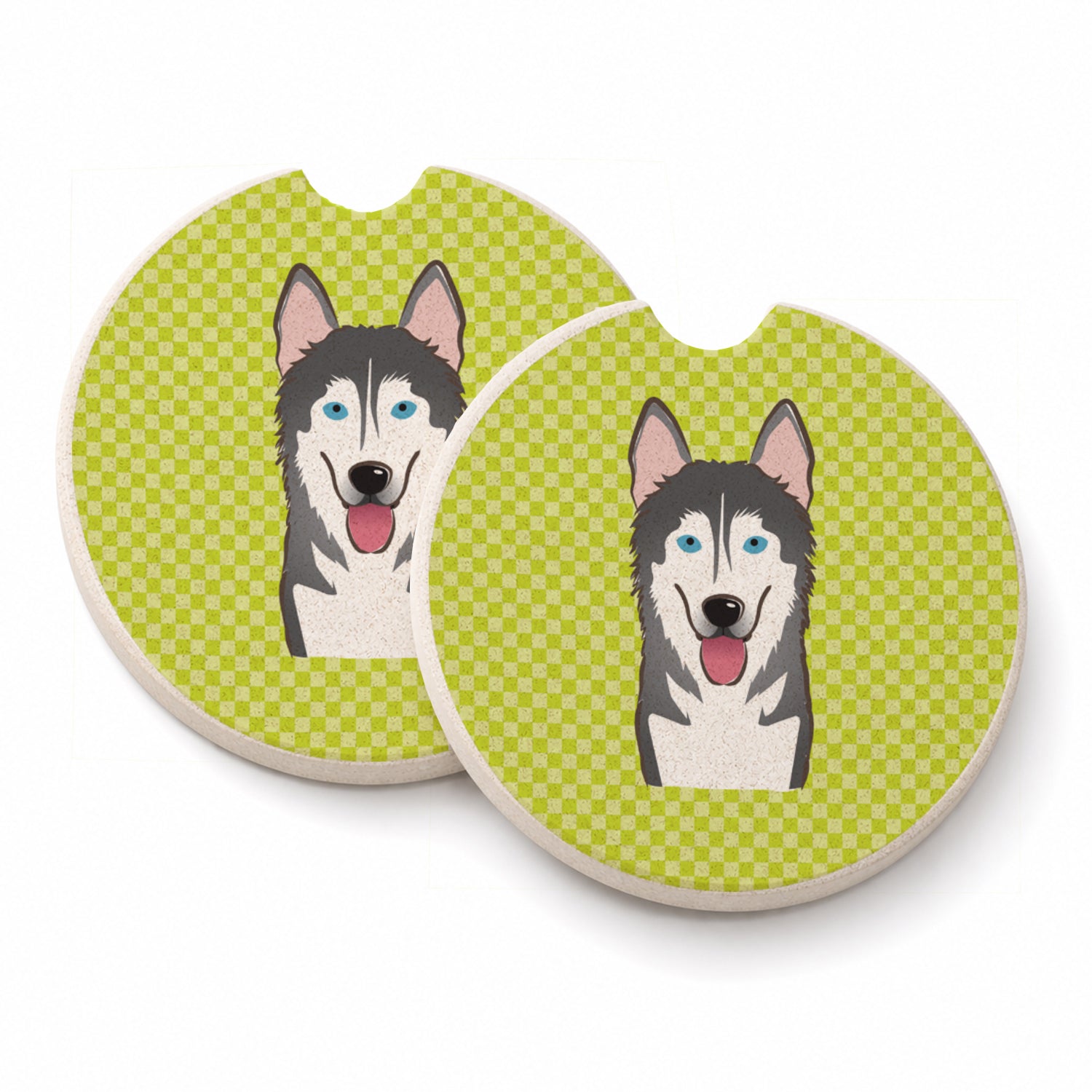 Checkerboard Lime Green Alaskan Malamute Set of 2 Cup Holder Car Coasters Absorbent Round Sandstone Coasters Gifts for Men or Women, 2.5, Multicolor