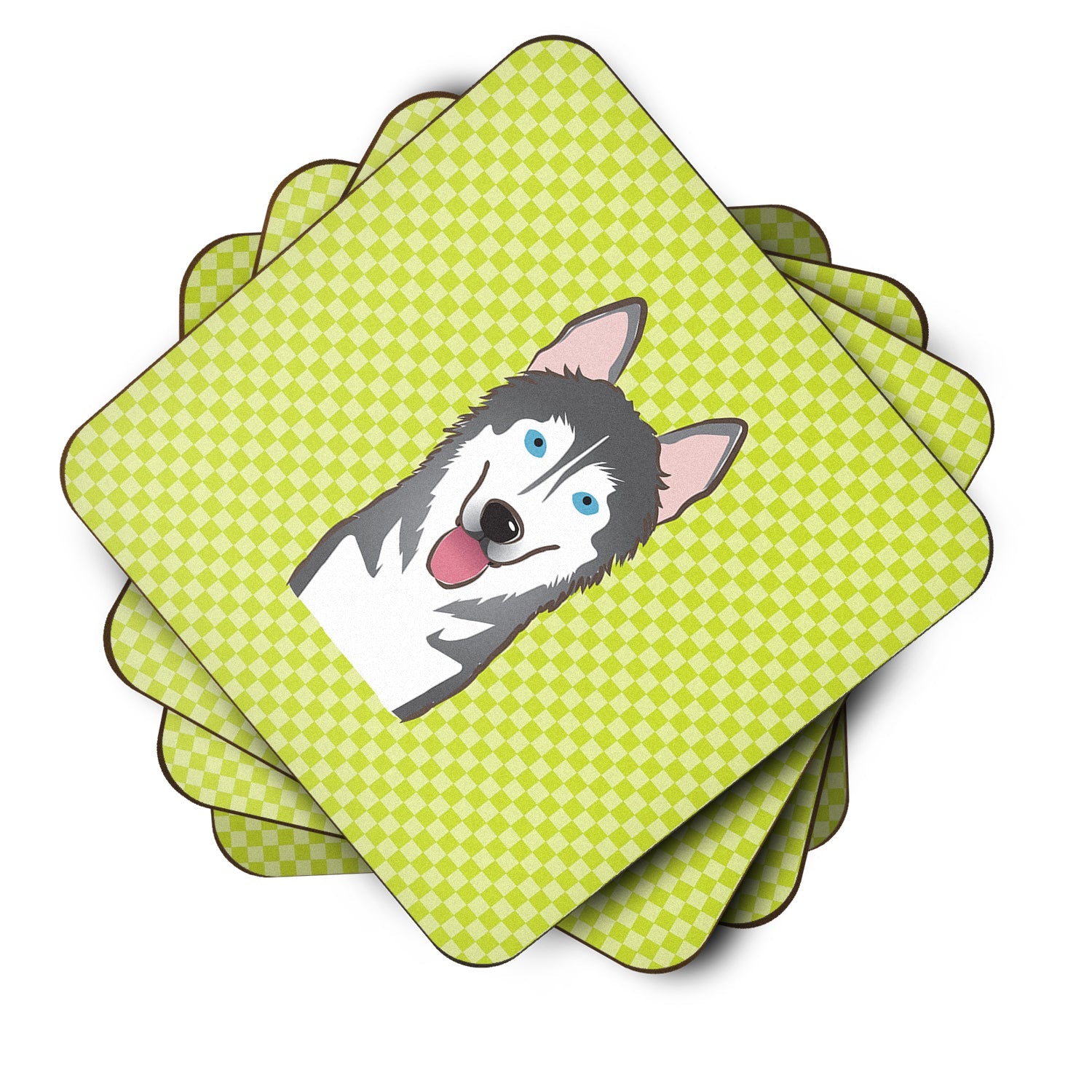 Checkerboard Lime Green Alaskan Malamute Foam Coasters Set of 4 Cup Coasters for Indoor Outdoor, Tabletop Protection, Anti Slip, Mouse pad Material