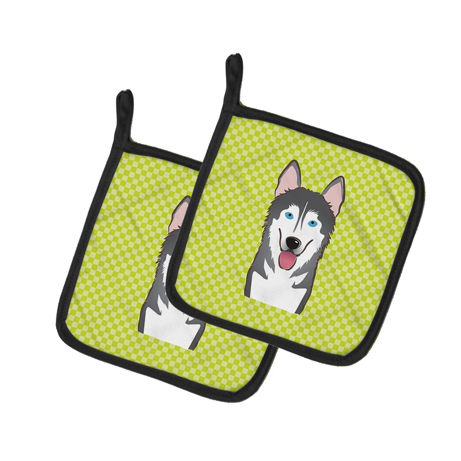 Checkerboard Lime Green Alaskan Malamute Pot Holder Set of 2 Heat Resistant Quilted Hot Pads 7.5 x 7.5 Inch, Insulated Kitchen Trivets for Cooking & Baking
