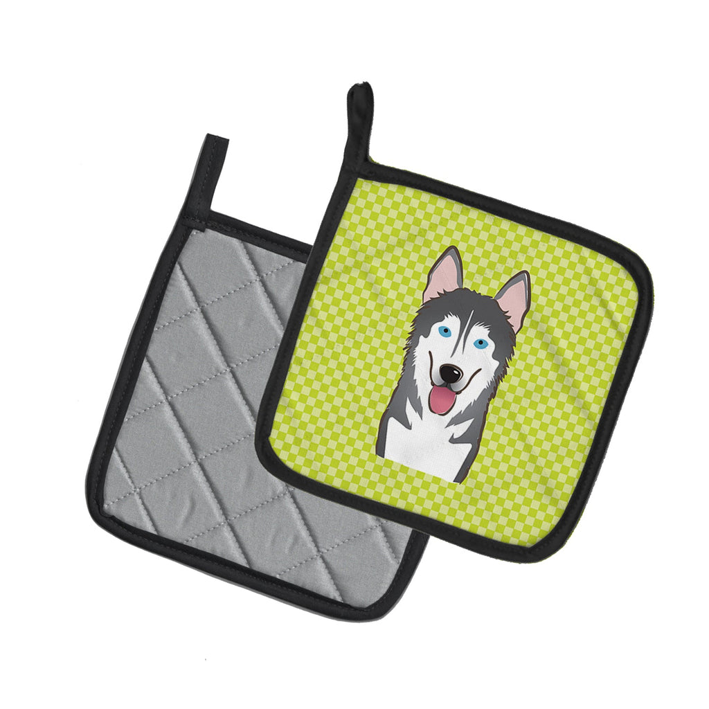 Checkerboard Lime Green Alaskan Malamute Pot Holder Set of 2 Heat Resistant Quilted Hot Pads 7.5 x 7.5 Inch, Insulated Kitchen Trivets for Cooking & Baking