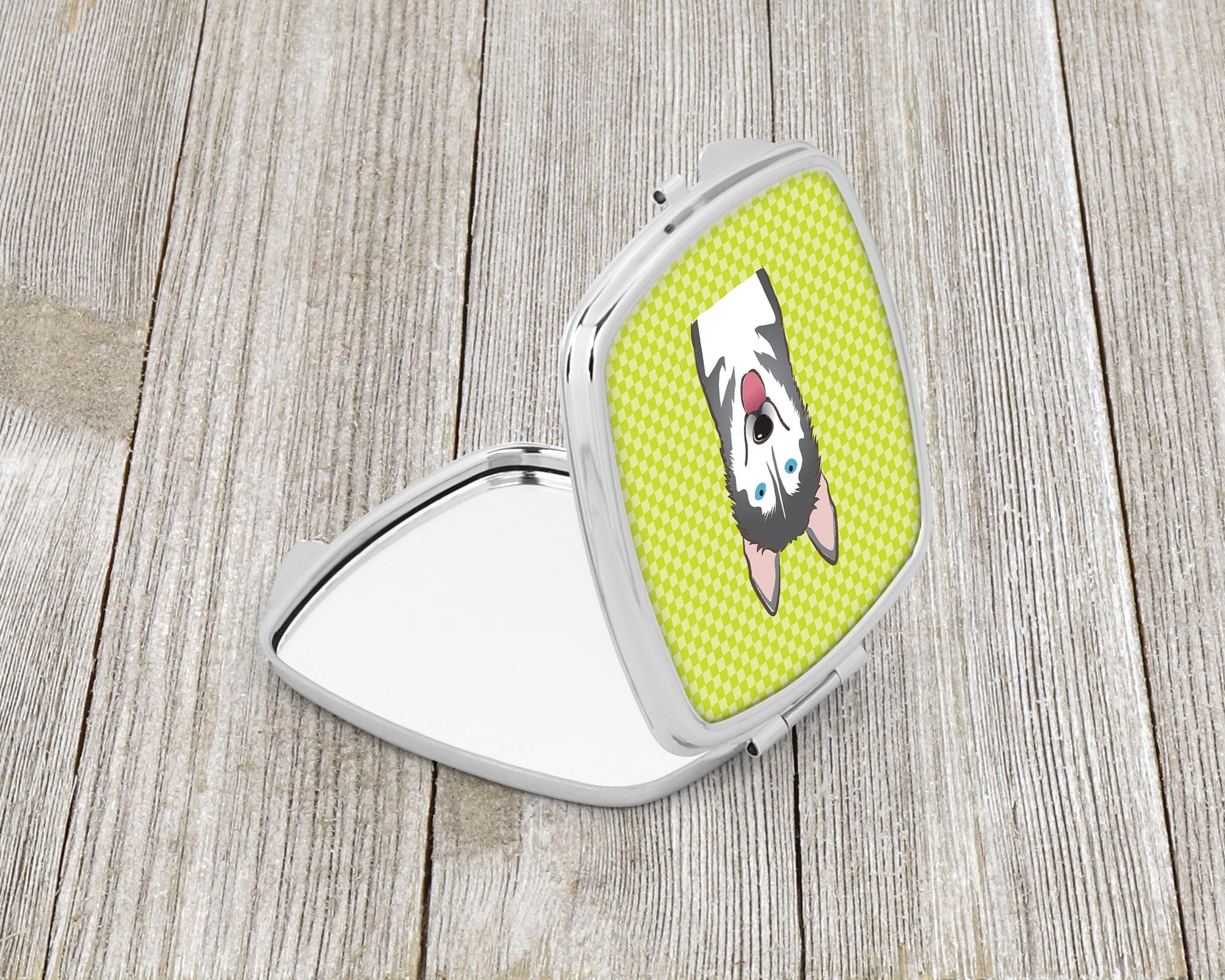 Checkerboard Lime Green Alaskan Malamute Compact Mirror Decorative Travel Makeup Mirror for Women Girls Gifts Pocket Makeup Mirror Folding Handheld