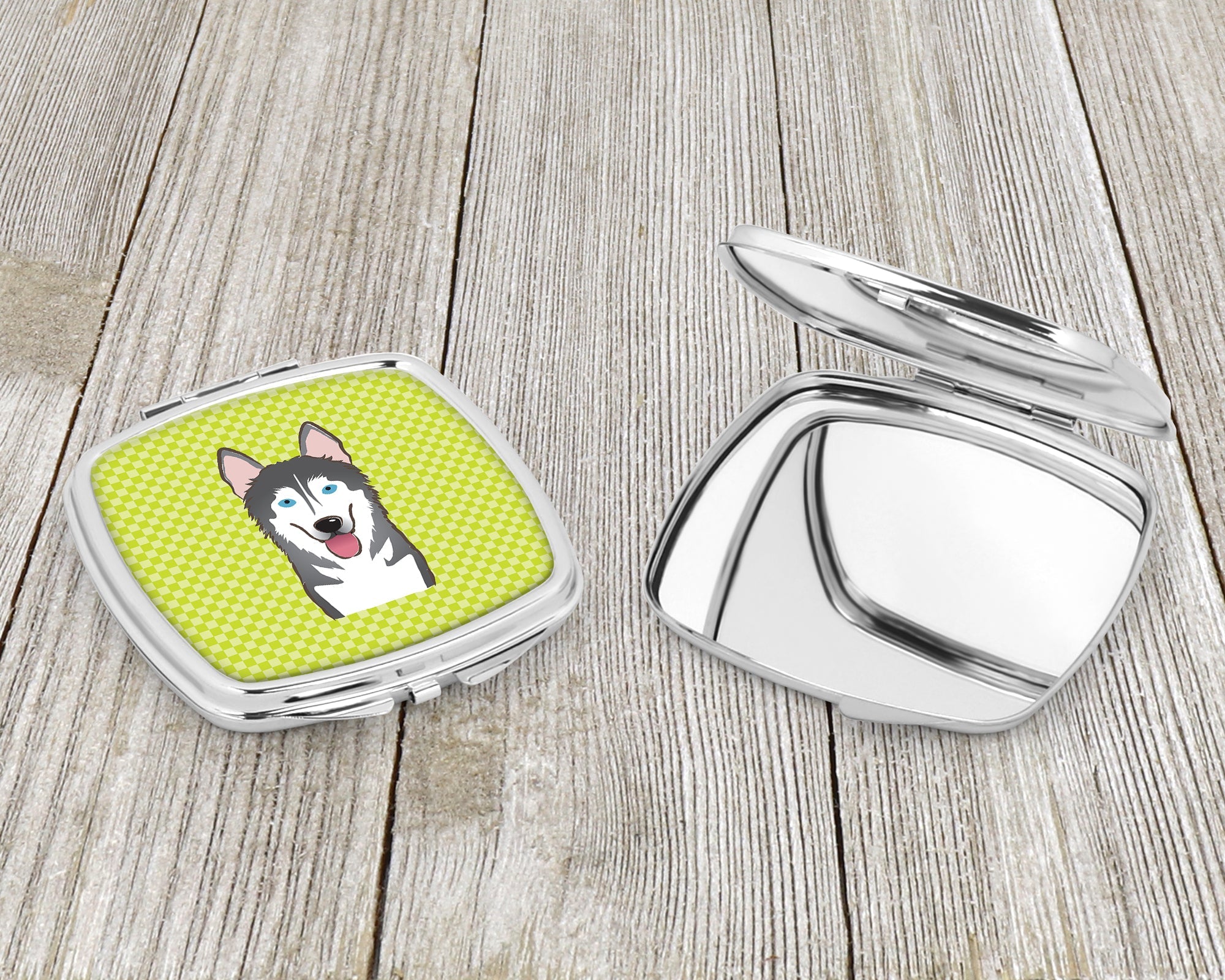 Checkerboard Lime Green Alaskan Malamute Compact Mirror Decorative Travel Makeup Mirror for Women Girls Gifts Pocket Makeup Mirror Folding Handheld