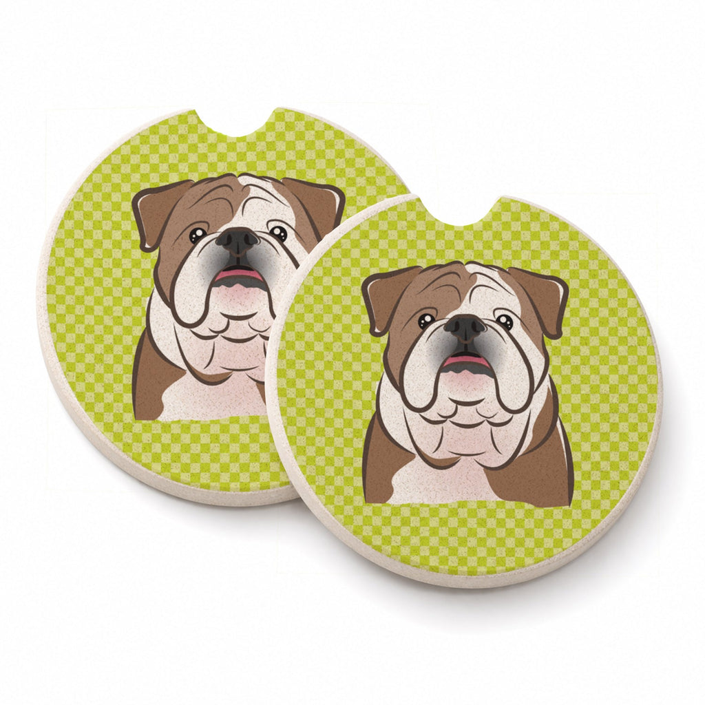 Checkerboard Lime Green English Bulldog  Set of 2 Cup Holder Car Coasters Absorbent Round Sandstone Coasters Gifts for Men or Women, 2.5, Multicolor