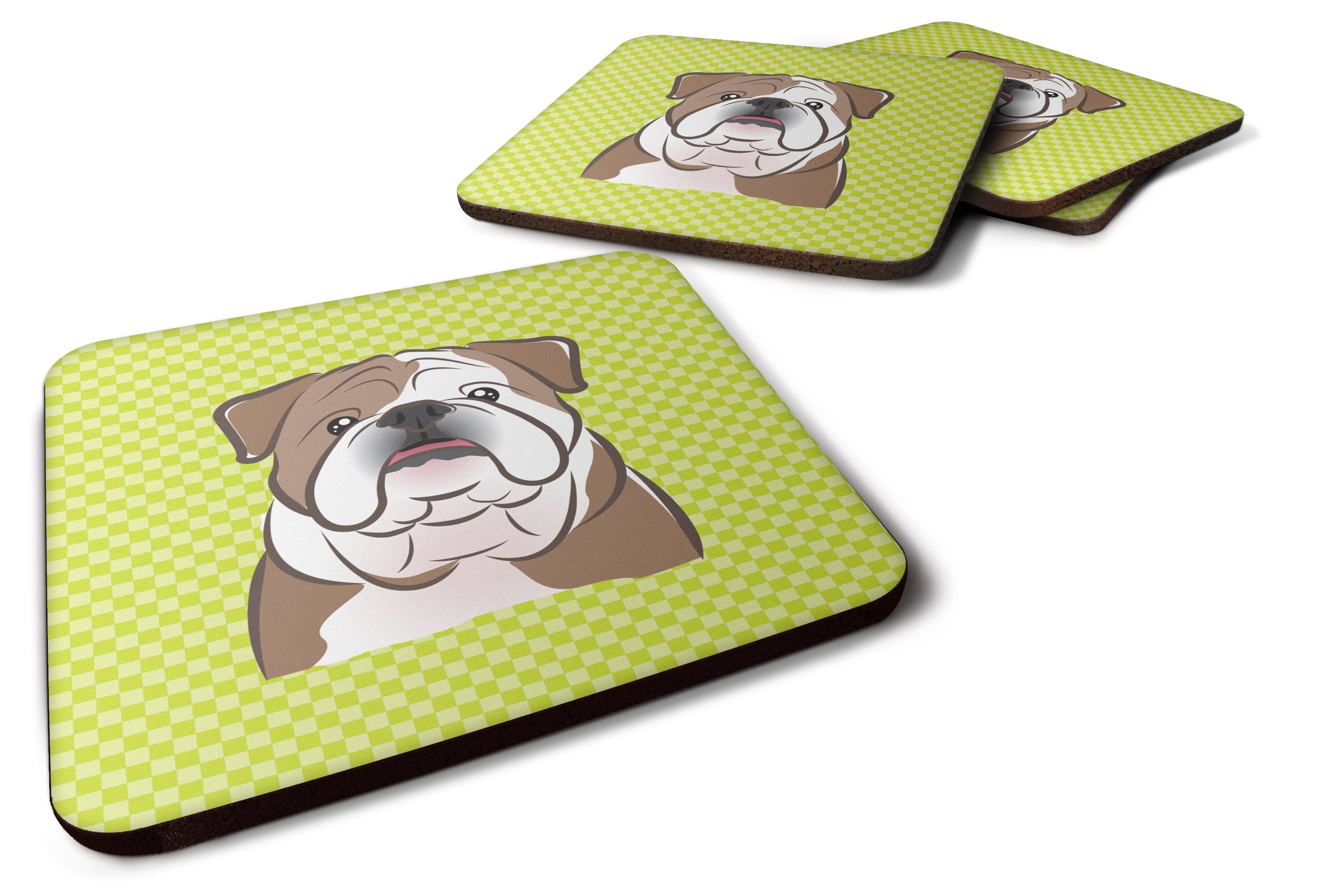 Checkerboard Lime Green English Bulldog  Foam Coasters Set of 4 Cup Coasters for Indoor Outdoor, Tabletop Protection, Anti Slip, Mouse pad Material