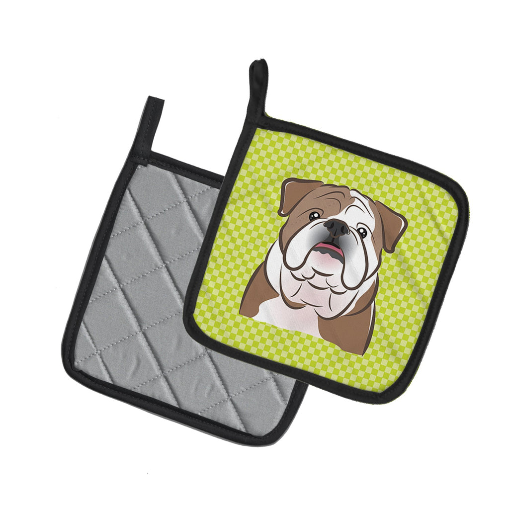 Checkerboard Lime Green English Bulldog  Pot Holder Set of 2 Heat Resistant Quilted Hot Pads 7.5 x 7.5 Inch, Insulated Kitchen Trivets for Cooking & Baking