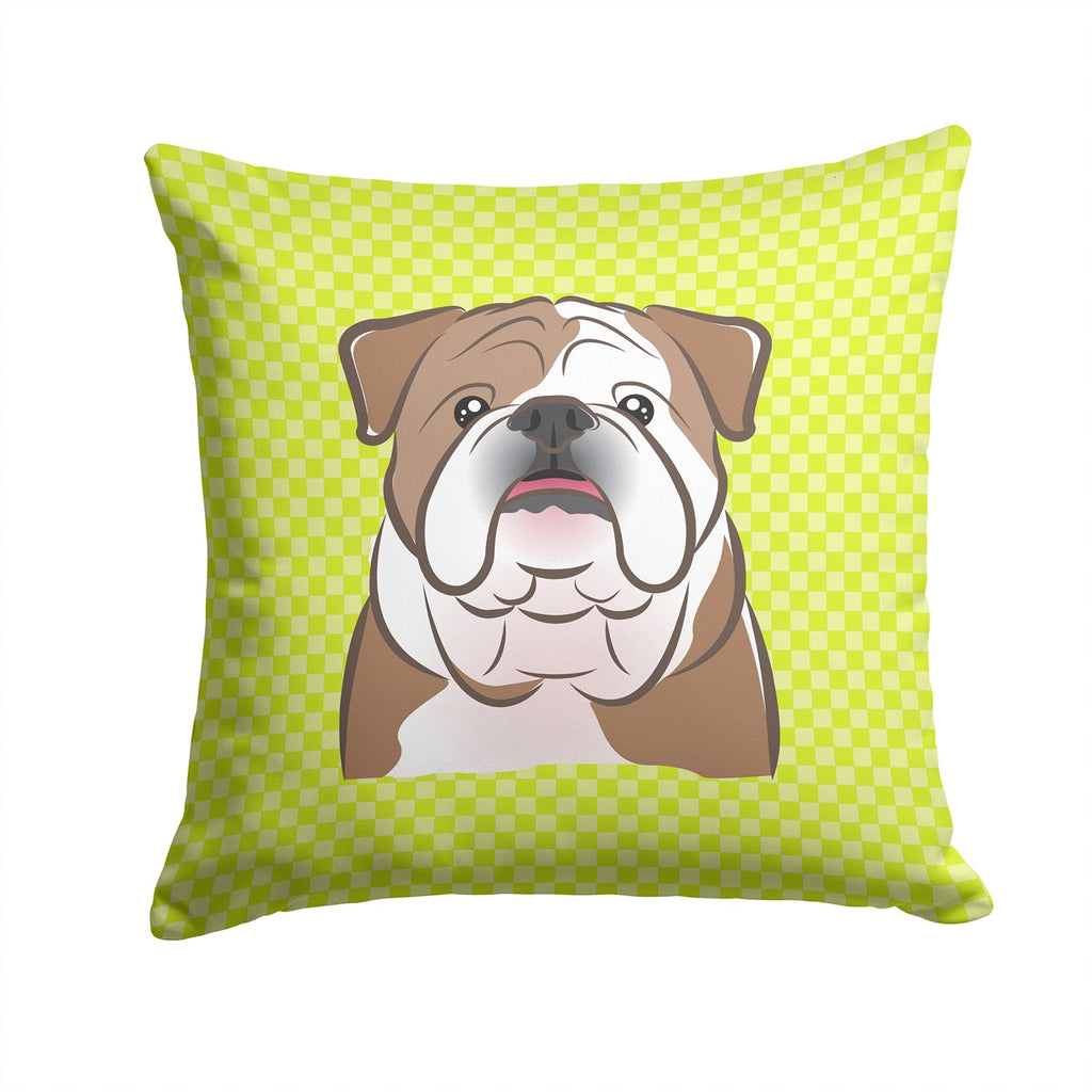Checkerboard Lime Green English Bulldog  Decorative Throw Pillow 14x14 Indoor Outdoor Accent Cushion, Fabric Cover with Insert for Sofa, Bed, Porch & Living Room