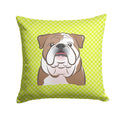 Checkerboard Lime Green English Bulldog  Decorative Throw Pillow 14x14 Indoor Outdoor Accent Cushion, Fabric Cover with Insert for Sofa, Bed, Porch & Living Room