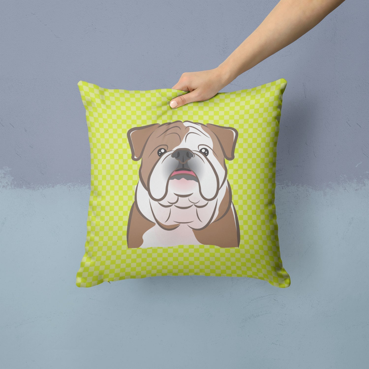 Checkerboard Lime Green English Bulldog  Decorative Throw Pillow 14x14 Indoor Outdoor Accent Cushion, Fabric Cover with Insert for Sofa, Bed, Porch & Living Room