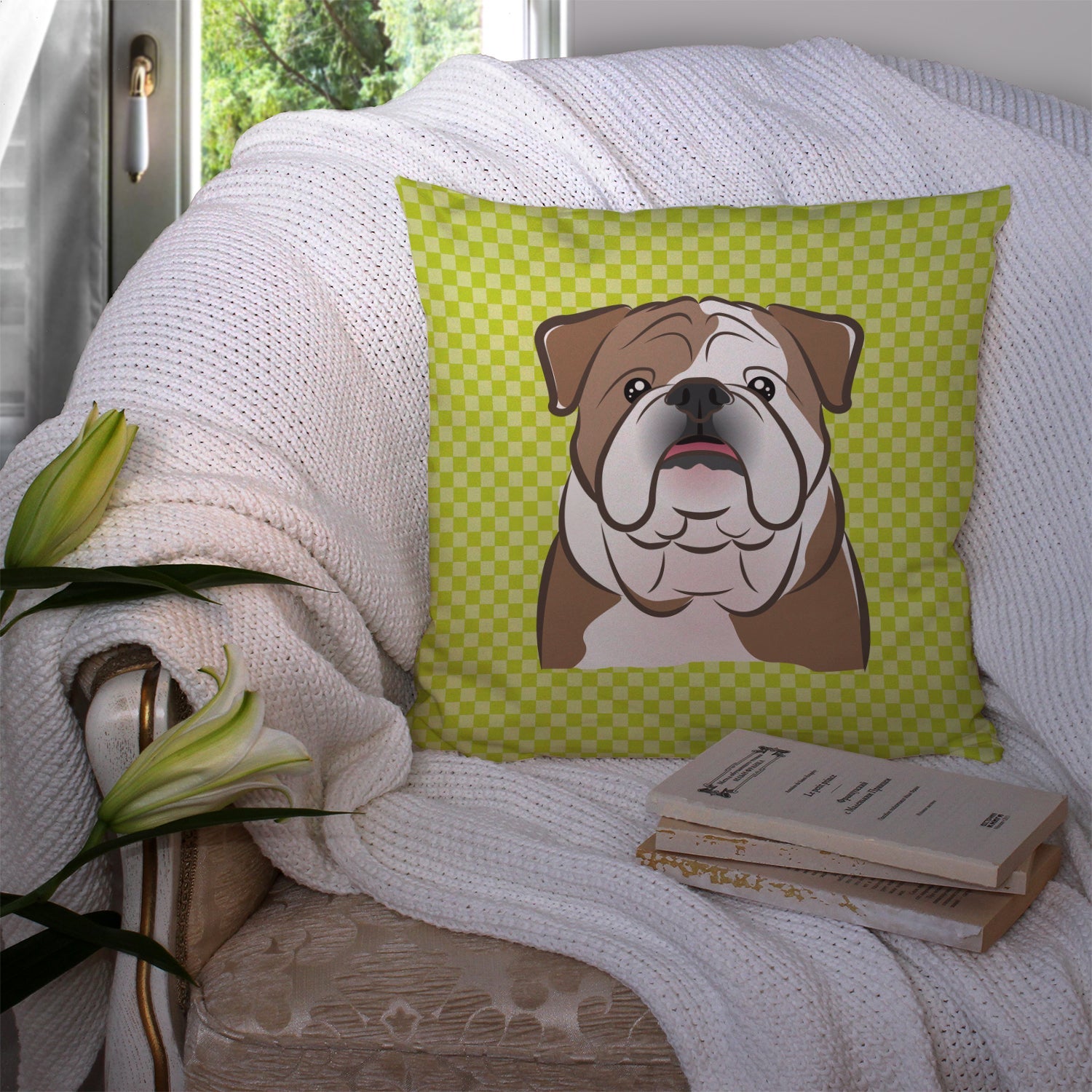 Checkerboard Lime Green English Bulldog  Decorative Throw Pillow 14x14 Indoor Outdoor Accent Cushion, Fabric Cover with Insert for Sofa, Bed, Porch & Living Room