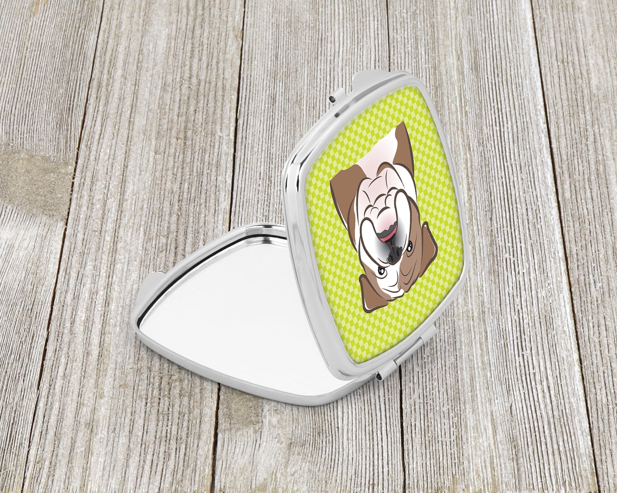 Checkerboard Lime Green English Bulldog  Compact Mirror Decorative Travel Makeup Mirror for Women Girls Gifts Pocket Makeup Mirror Folding Handheld