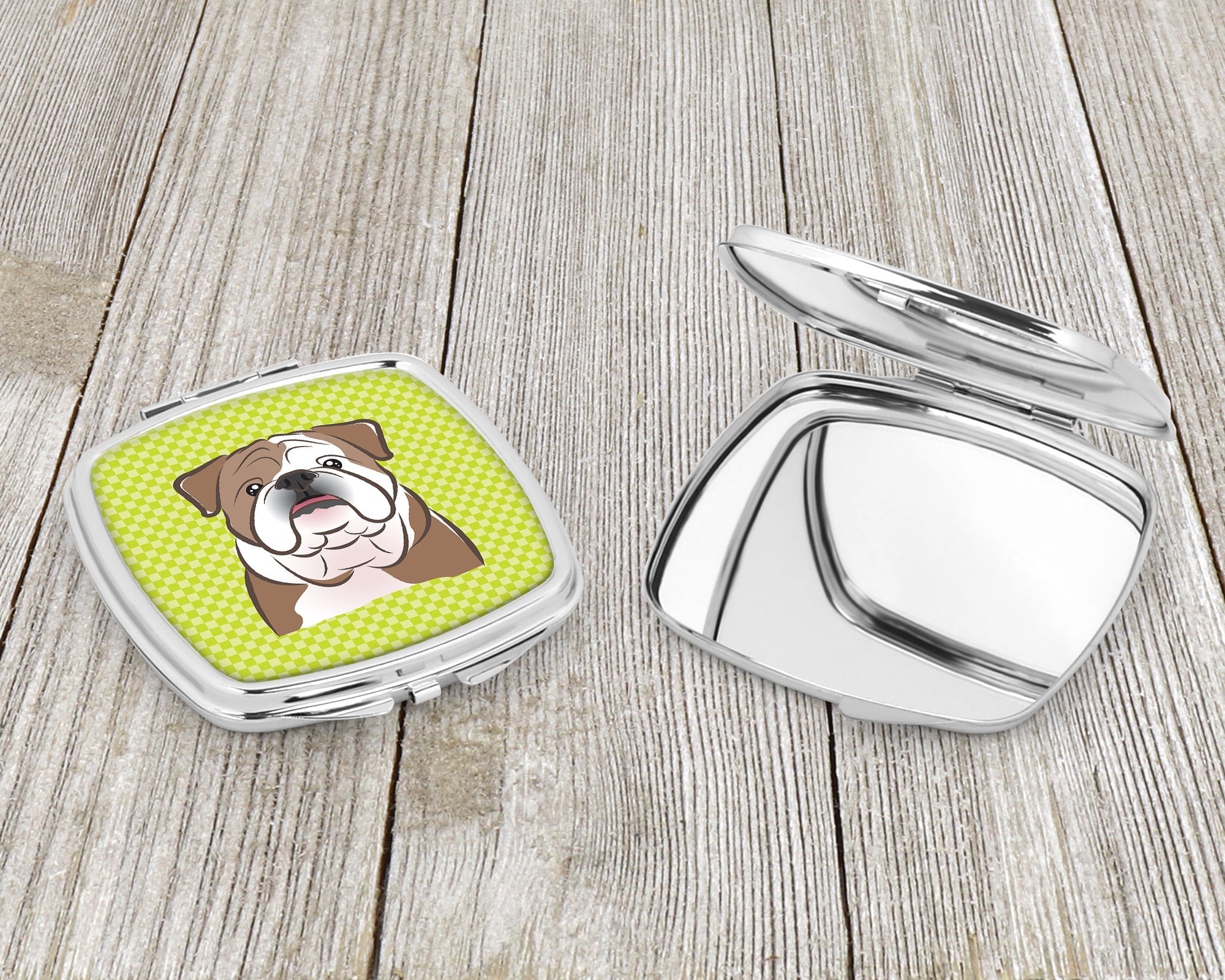 Checkerboard Lime Green English Bulldog  Compact Mirror Decorative Travel Makeup Mirror for Women Girls Gifts Pocket Makeup Mirror Folding Handheld
