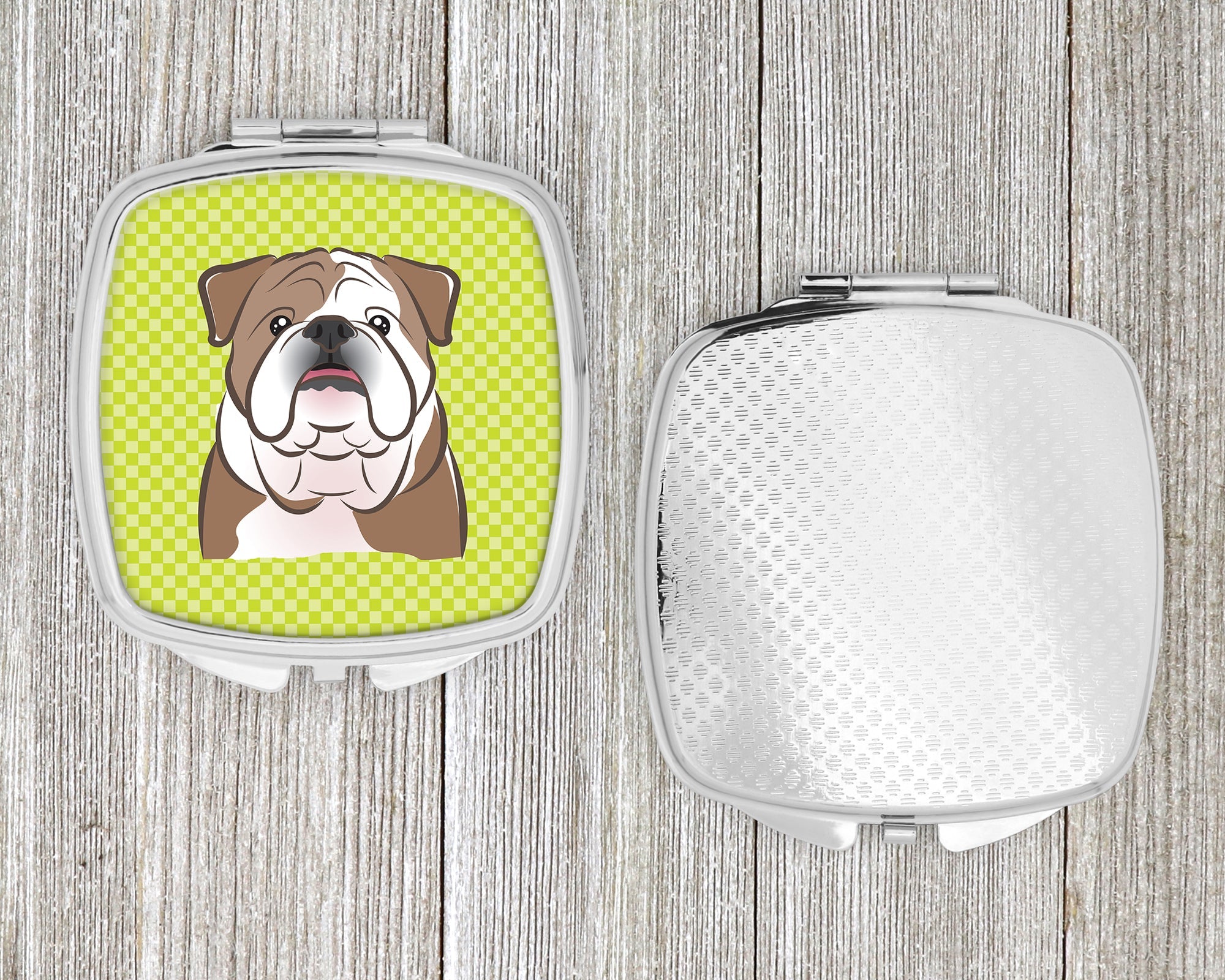 Checkerboard Lime Green English Bulldog  Compact Mirror Decorative Travel Makeup Mirror for Women Girls Gifts Pocket Makeup Mirror Folding Handheld