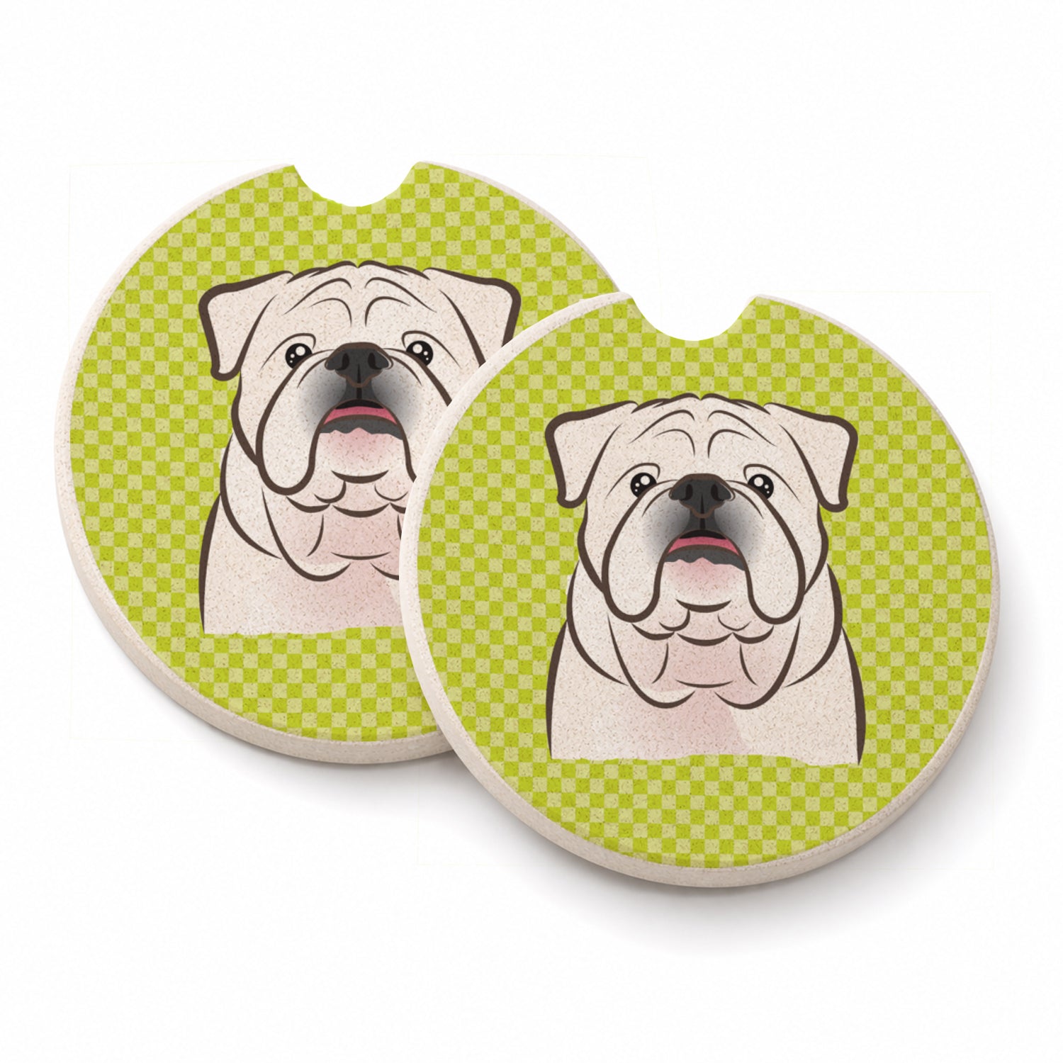 Checkerboard Lime Green White English Bulldog  Set of 2 Cup Holder Car Coasters Absorbent Round Sandstone Coasters Gifts for Men or Women, 2.5, Multicolor