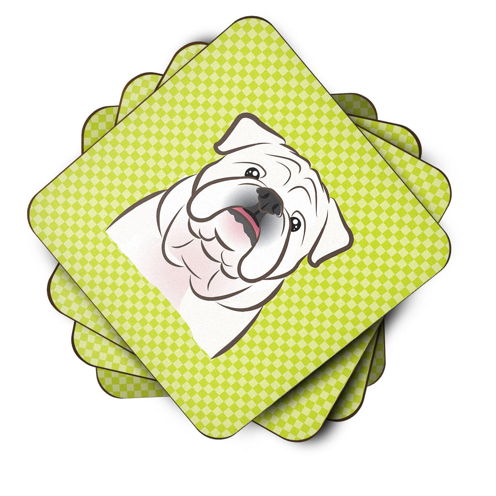 Checkerboard Lime Green White English Bulldog  Foam Coasters Set of 4 Cup Coasters for Indoor Outdoor, Tabletop Protection, Anti Slip, Mouse pad Material