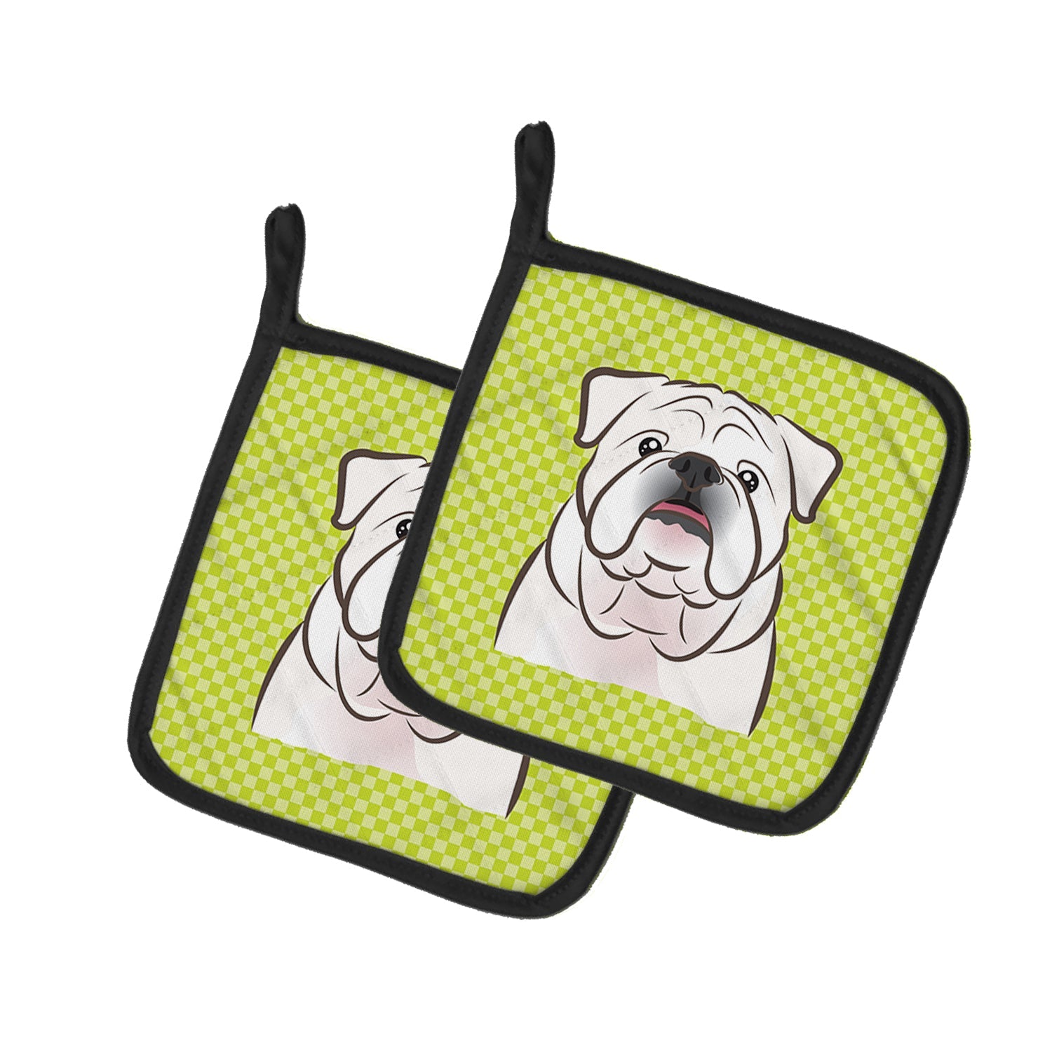 Checkerboard Lime Green White English Bulldog  Pot Holder Set of 2 Heat Resistant Quilted Hot Pads 7.5 x 7.5 Inch, Insulated Kitchen Trivets for Cooking & Baking