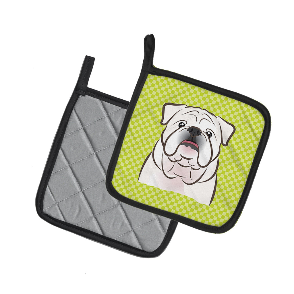 Checkerboard Lime Green White English Bulldog  Pot Holder Set of 2 Heat Resistant Quilted Hot Pads 7.5 x 7.5 Inch, Insulated Kitchen Trivets for Cooking & Baking