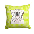 Checkerboard Lime Green White English Bulldog  Decorative Throw Pillow 14x14 Indoor Outdoor Accent Cushion, Fabric Cover with Insert for Sofa, Bed, Porch & Living Room