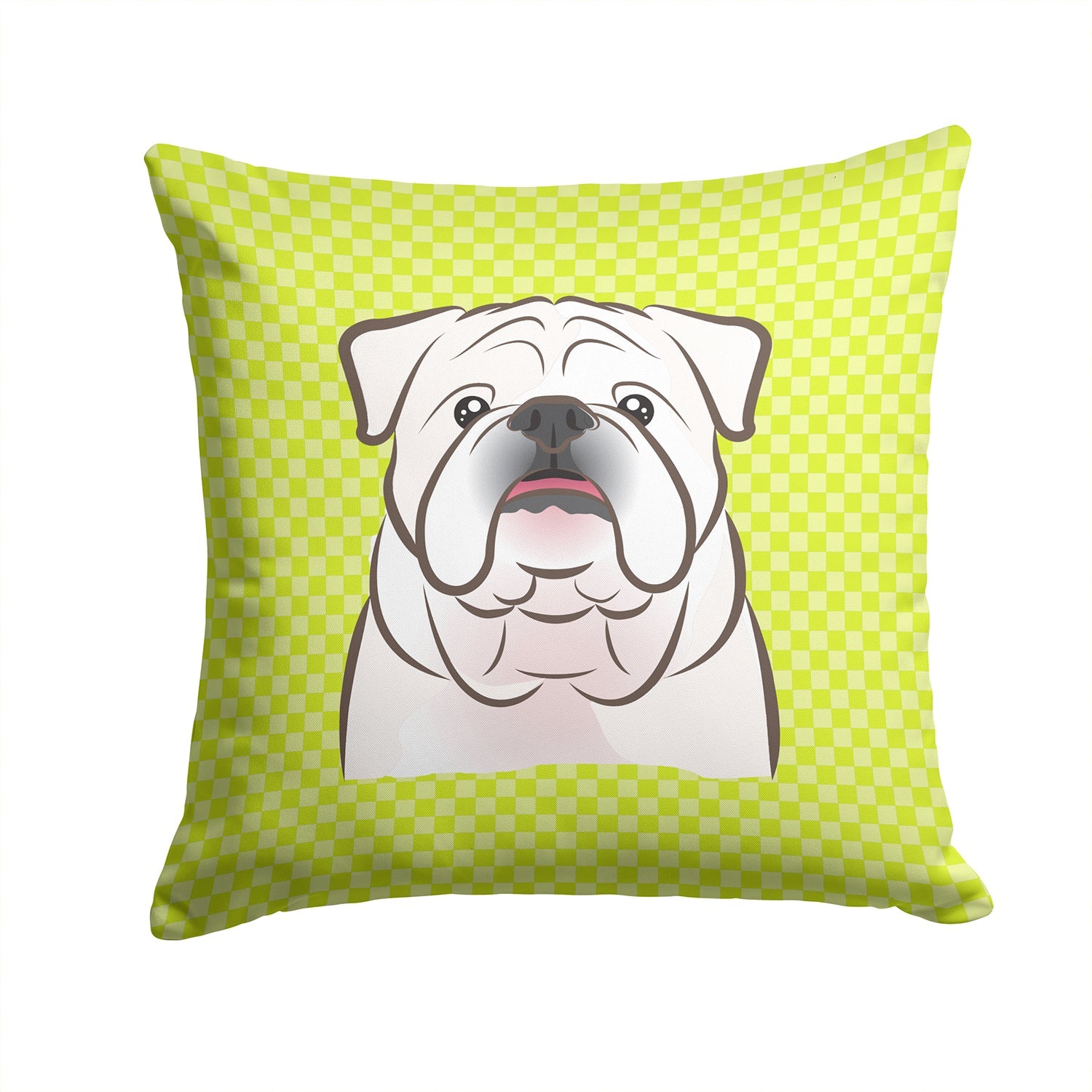 Checkerboard Lime Green White English Bulldog  Decorative Throw Pillow 14x14 Indoor Outdoor Accent Cushion, Fabric Cover with Insert for Sofa, Bed, Porch & Living Room