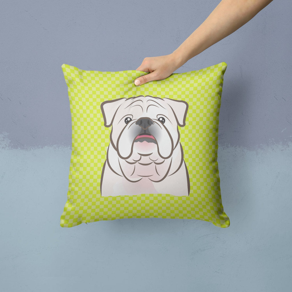 Checkerboard Lime Green White English Bulldog  Decorative Throw Pillow 14x14 Indoor Outdoor Accent Cushion, Fabric Cover with Insert for Sofa, Bed, Porch & Living Room
