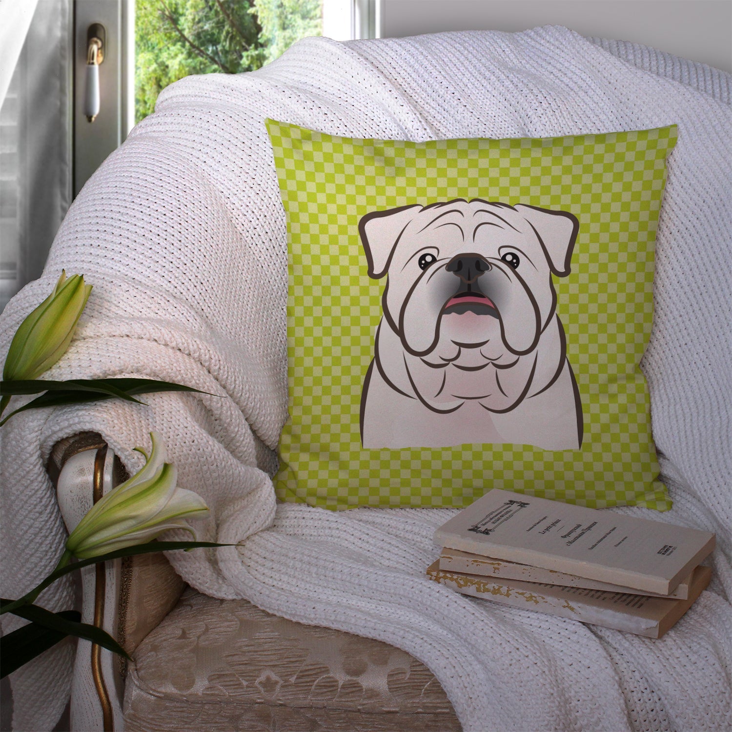 Checkerboard Lime Green White English Bulldog  Decorative Throw Pillow 14x14 Indoor Outdoor Accent Cushion, Fabric Cover with Insert for Sofa, Bed, Porch & Living Room