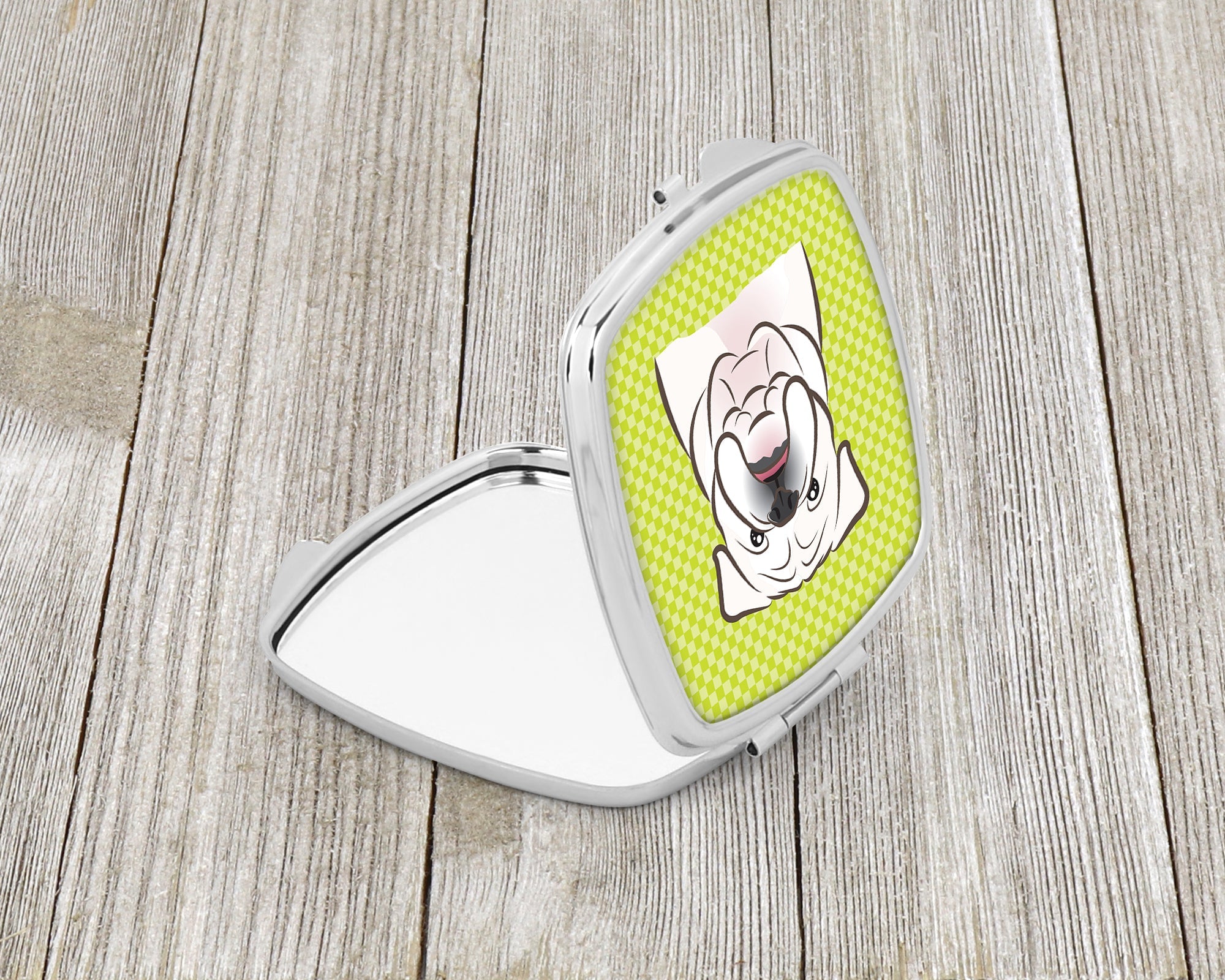 Checkerboard Lime Green White English Bulldog  Compact Mirror Decorative Travel Makeup Mirror for Women Girls Gifts Pocket Makeup Mirror Folding Handheld