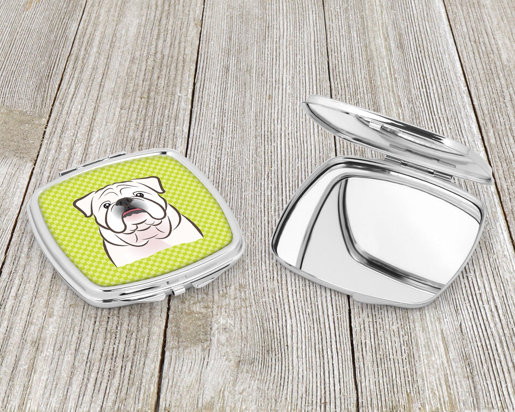 Checkerboard Lime Green White English Bulldog  Compact Mirror Decorative Travel Makeup Mirror for Women Girls Gifts Pocket Makeup Mirror Folding Handheld