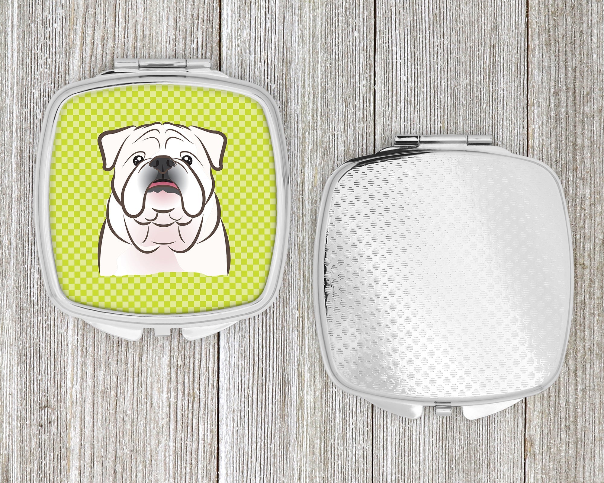 Checkerboard Lime Green White English Bulldog  Compact Mirror Decorative Travel Makeup Mirror for Women Girls Gifts Pocket Makeup Mirror Folding Handheld