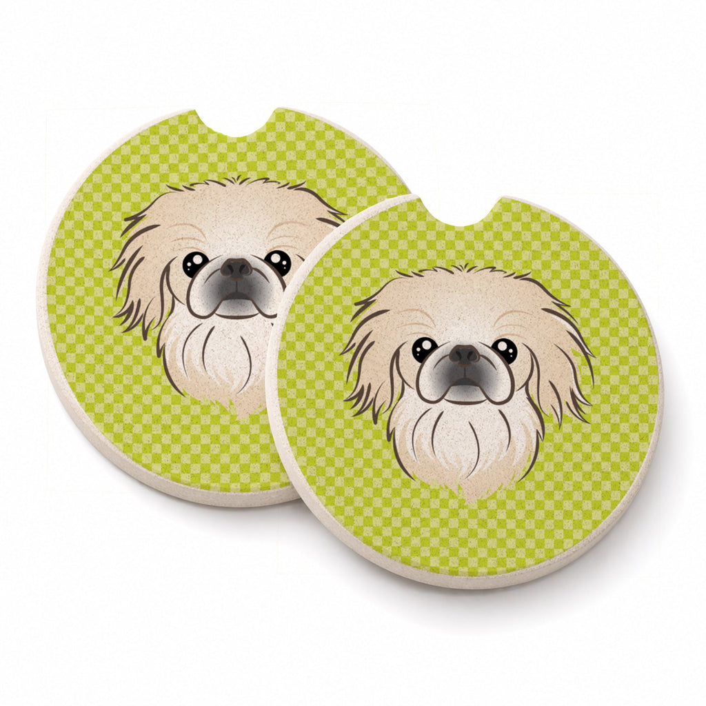 Checkerboard Lime Green Pekingese Set of 2 Cup Holder Car Coasters Absorbent Round Sandstone Coasters Gifts for Men or Women, 2.5, Multicolor