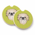 Checkerboard Lime Green Pekingese Set of 2 Cup Holder Car Coasters Absorbent Round Sandstone Coasters Gifts for Men or Women, 2.5, Multicolor