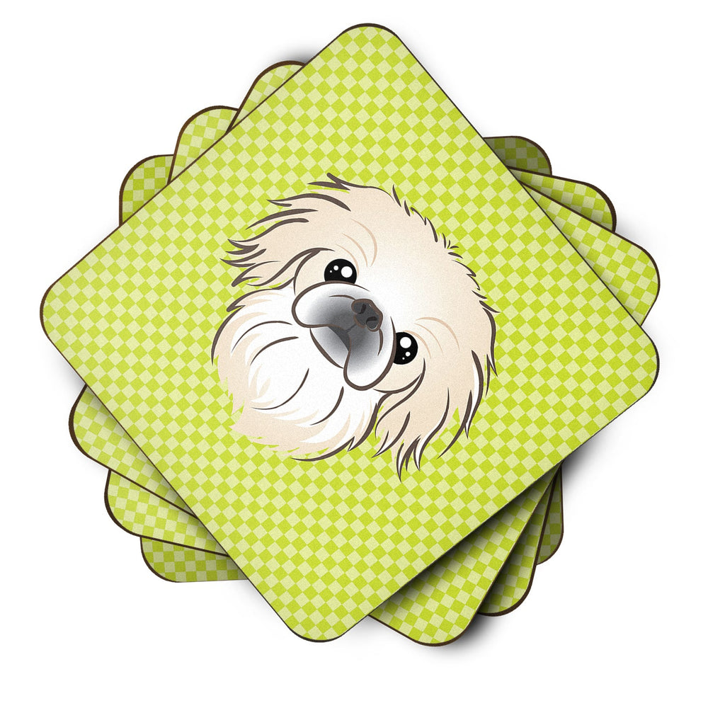 Checkerboard Lime Green Pekingese Foam Coasters Set of 4 Cup Coasters for Indoor Outdoor, Tabletop Protection, Anti Slip, Mouse pad Material