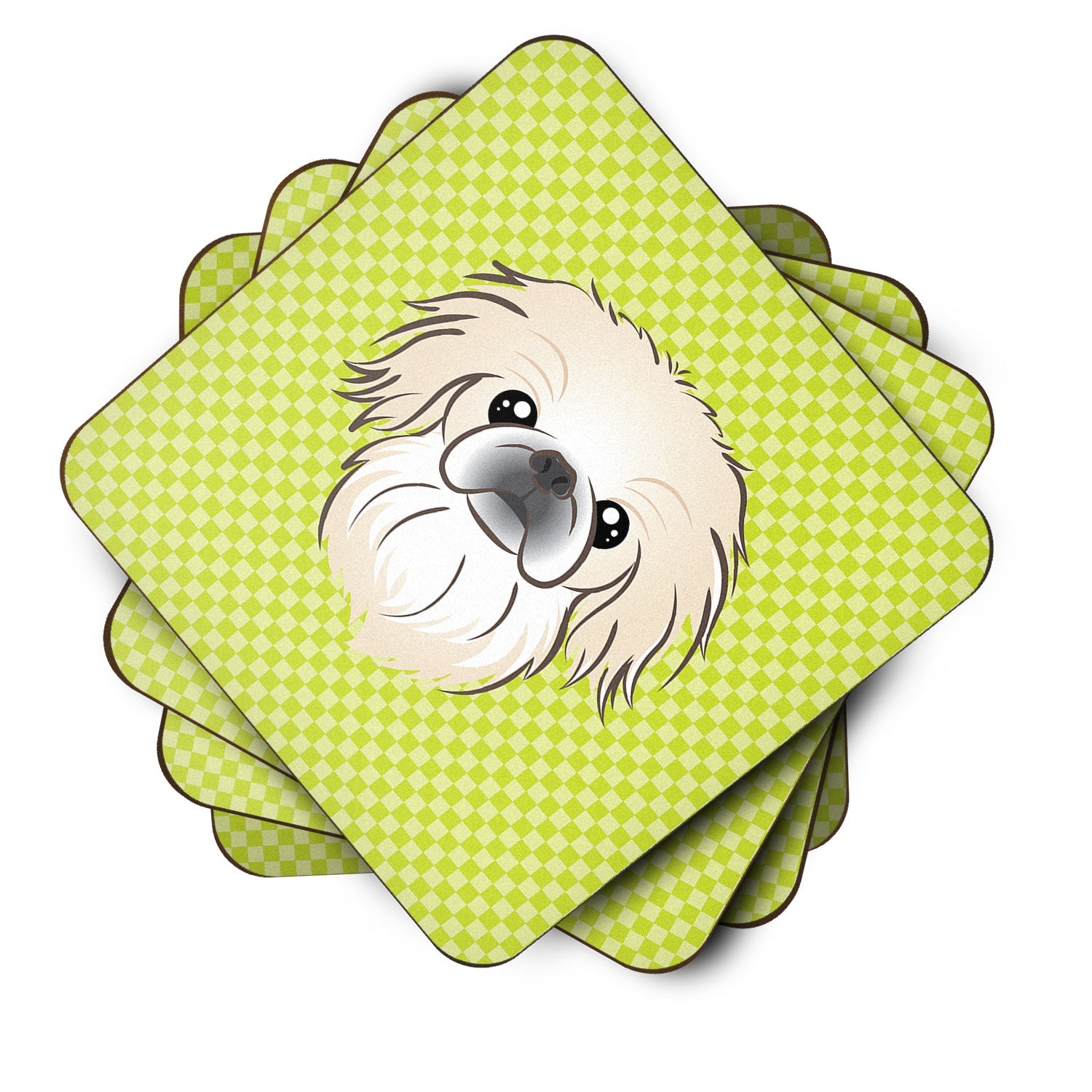 Checkerboard Lime Green Pekingese Foam Coasters Set of 4 Cup Coasters for Indoor Outdoor, Tabletop Protection, Anti Slip, Mouse pad Material