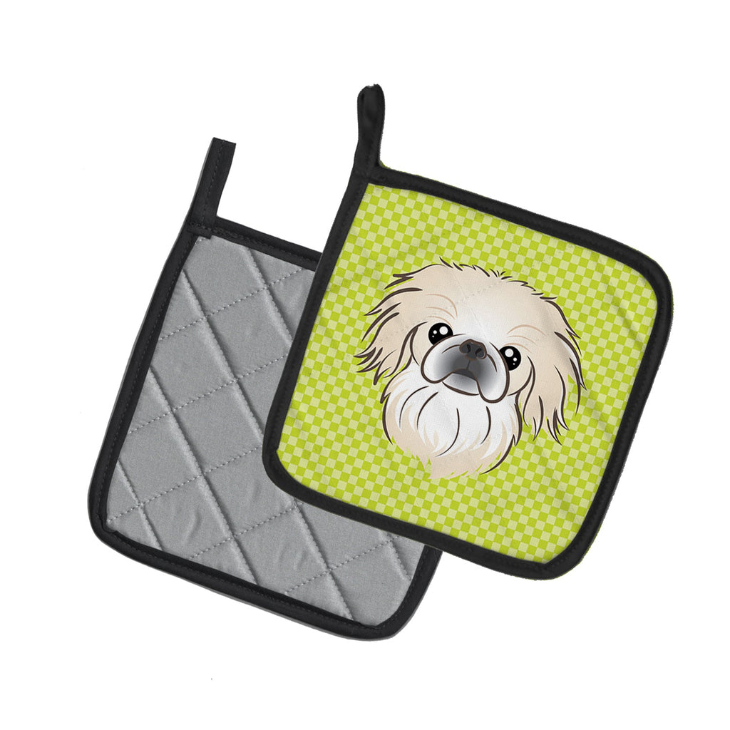 Checkerboard Lime Green Pekingese Pot Holder Set of 2 Heat Resistant Quilted Hot Pads 7.5 x 7.5 Inch, Insulated Kitchen Trivets for Cooking & Baking