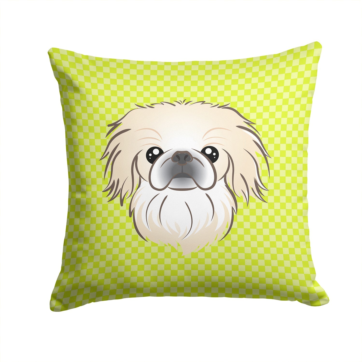 Checkerboard Lime Green Pekingese Decorative Throw Pillow 14x14 Indoor Outdoor Accent Cushion, Fabric Cover with Insert for Sofa, Bed, Porch & Living Room