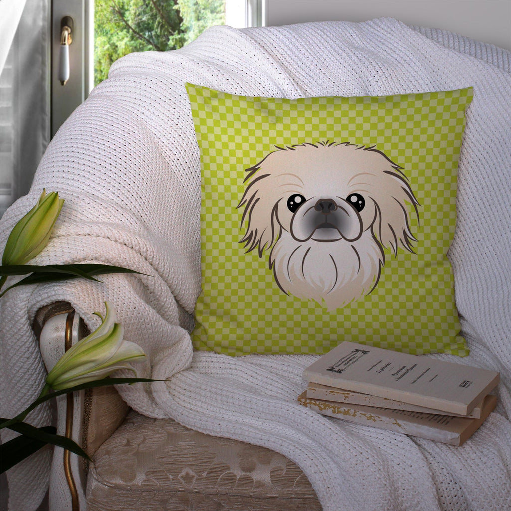 Checkerboard Lime Green Pekingese Decorative Throw Pillow 14x14 Indoor Outdoor Accent Cushion, Fabric Cover with Insert for Sofa, Bed, Porch & Living Room