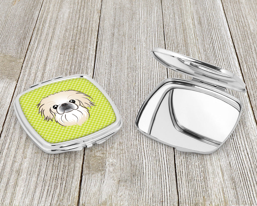 Checkerboard Lime Green Pekingese Compact Mirror Decorative Travel Makeup Mirror for Women Girls Gifts Pocket Makeup Mirror Folding Handheld
