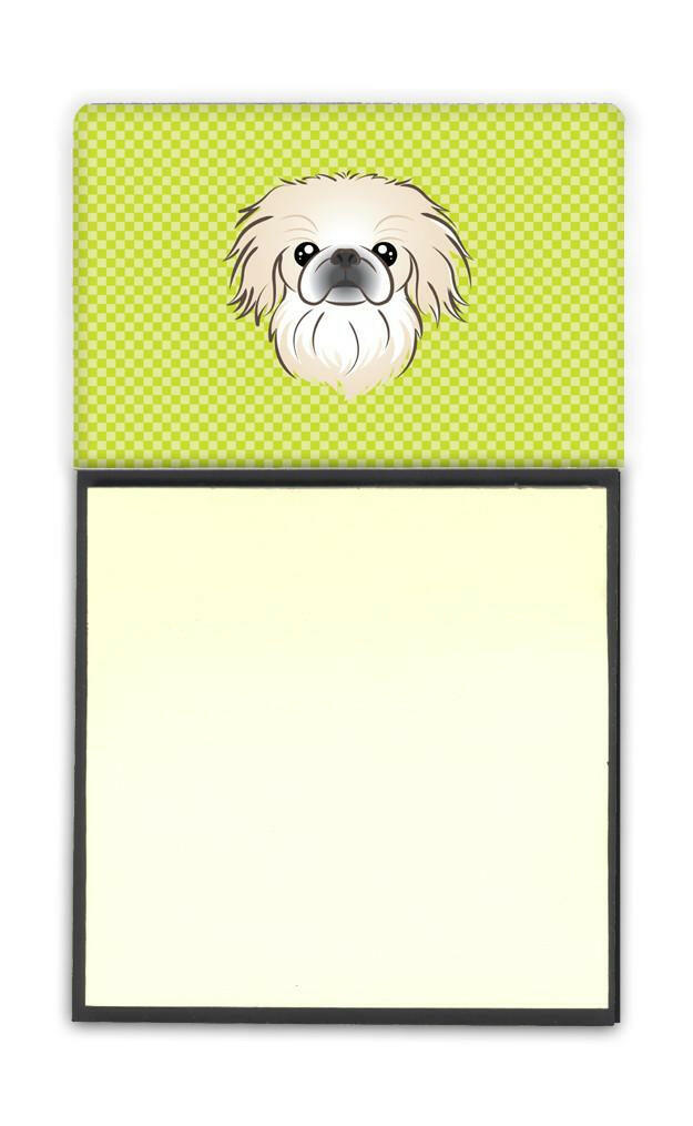 Checkerboard Lime Green Pekingese Watercolor Sticky Note Holder Refillable Dispenser Desk Accessory 3x3 Pad Gift